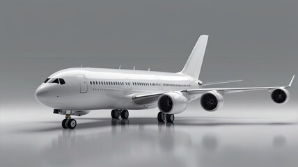 Sleek white modern passenger jet airplane poised for takeoff on a clean, reflective studio background, symbolizing global travel and business connectivity.