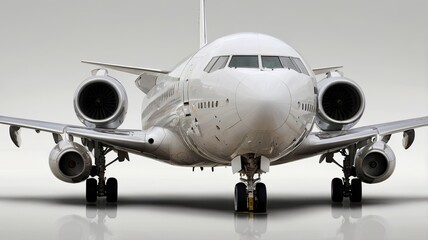 Obraz premium Captivating frontal view of a sleek, modern private jet gleaming under bright studio lighting, showcasing its powerful engines and elegant design ready for luxury travel.