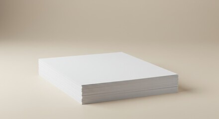 A stack of pristine, white rectangular paper, neatly arranged against a soft beige background, illuminated by natural light