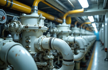 Marine vessel engine room features rows of complex machinery, pipes, systems. White, yellow piping runs throughout industrial space, suggesting advanced technology, engineering. Essential for