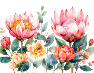 Elegant watercolor bouquet of pink King Protea flowers with eucalyptus leaves.
