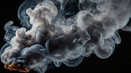 Dramatic swirling white and grey smoke billows with an intense orange ember glow creating a captivating abstract visual effect against a stark black background