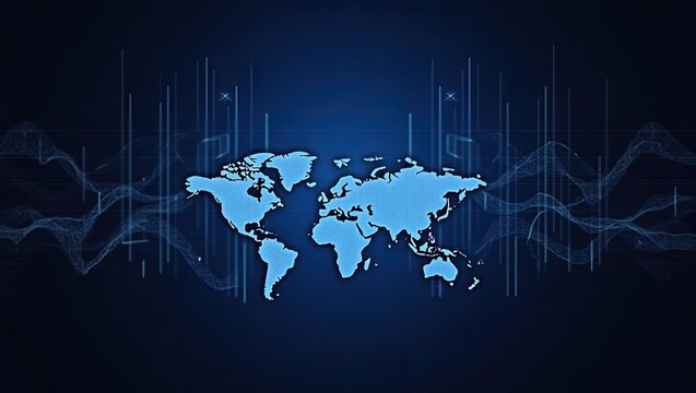 World map graphic with abstract digital elements.