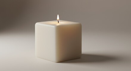 Lit square candle on a smooth surface, casting a soft shadow against a neutral background, creating a warm glow