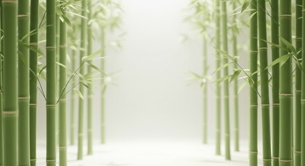 Serene bamboo grove path, a peaceful green tunnel with soft, diffused light leading to an unseen destination
