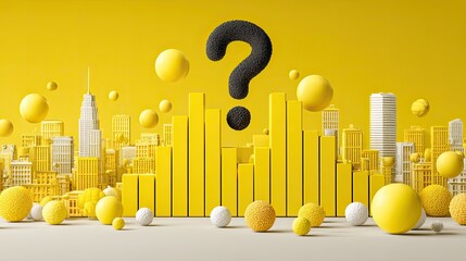 Yellow cityscape, question mark, bar graph