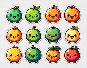 Fototapeta premium Adorable set of kawaii fruit character stickers. Cute, smiling green apples and oranges in a cheerful cartoon collection.