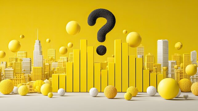 Yellow cityscape, question mark, bar graph
