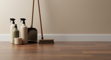 A minimalist scene of cleaning supplies?two spray bottles, a pump bottle, a dustpan, a broom, and a mug?resting on a hardwood floor against a neutral wall