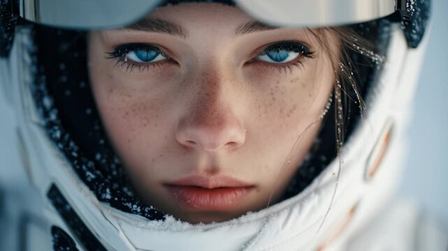 A striking close-up of a woman wearing ski goggles and warm winter clothing. Perfect for winter sports marketing, travel blogs, and lifestyle content. 