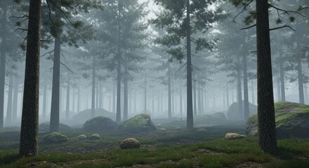 A dense forest scene shrouded in mist. Tall, slender trees dominate, with mossy boulders and patches of greenery on the forest floor. The background fades to white