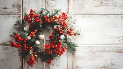 Festive Christmas Wreath Hanging on Wooden Wall