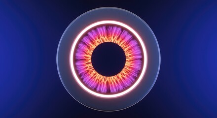 Circular, glowing eye graphic.  Abstract, vibrant iris