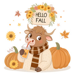 A soft brown Highland cow in a cozy cream-colored sweater and plaid scarf sips a pumpkin spice latte through a striped straw, surrounded by pumpkins, golden maple leaves, and a vintage “Hello Fall” 