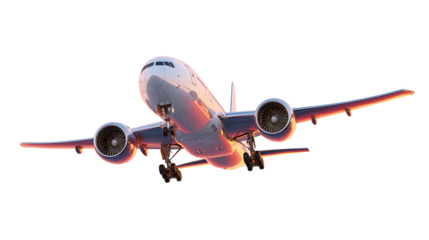 Airplane Landing Gear Down on Transparent Background with Sunset Reflected Light on Fuselage and Wings