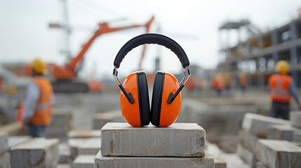 An old street lamp lights bright orange ear protection gear rests on concrete slabs at a construction site the autumn harvest in the old town.