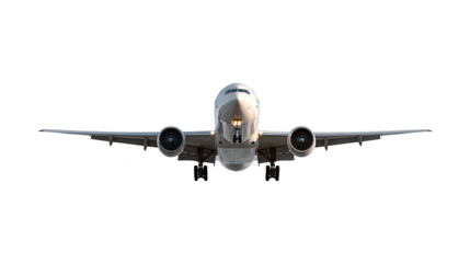Front View of White Airplane Landing with Landing Gear Deployed on Transparent Background