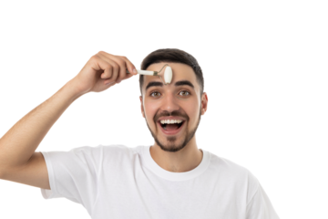 Man engages in skin care routine using a brush, isolated, PNG