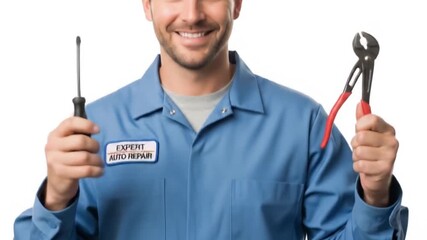 Smiling Auto Repairman Holding Tools: Screwdriver and Pliers, Ready for Service
