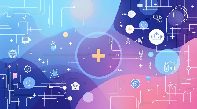 Abstract healthcare technology background with medical icons and plus sign design art