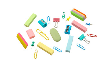 Back to school: erasers, clips, sharpeners, isolated on white, PNG