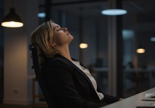 Exhausted businesswoman experiencing corporate burnout and stress, leaning back in her office chair late at night.