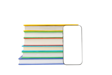 Stacked textbooks with a phone cutout, isolated on white, PNG