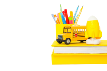 Stationery and school bus model for learning, isolated on white, PNG