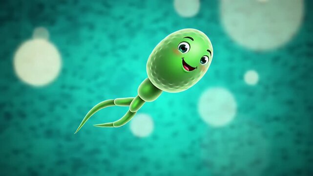 Smiling Cartoonish Green Cell Animation With White Bokeh Against Teal Backdrop for Educational and Medical Visuals Featuring Concepts of Fertility and Growth Over 170 Characters
