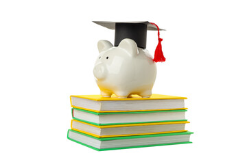 Piggy bank on books symbolizes education savings, isolated, PNG