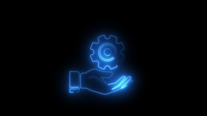 Blue neon hand holding cogwheel on black background