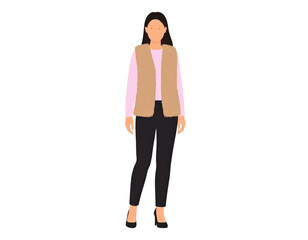 Fototapeta premium Flat vector illustration of a stylish woman in a beige furry vest pink sweater and black pants.
