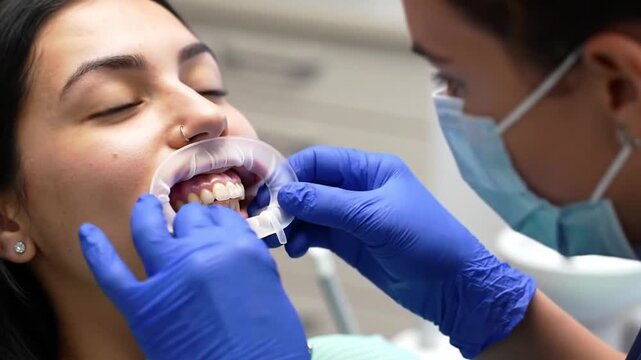 Dentist in blue gloves applies treatment to a young womans teeth using a mouth retractor in a modern dental clinic.