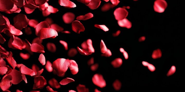 Vibrant Red Rose Petals Gracefully Falling Against a Dramatic Black Background - Powered by Adobe