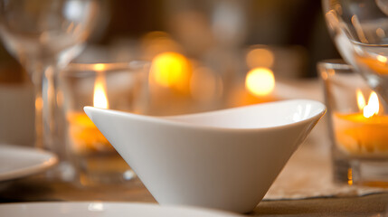 Obraz premium Elegant dining table arrangement with warm candlelight, creating a cozy and inviting atmosphere.