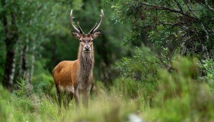 Obraz premium Majestic deer standing alert in lush green forest with dense foliage and natural sunlight