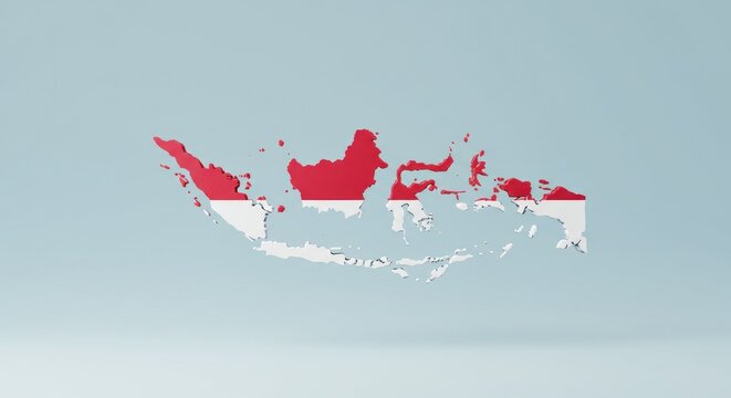 Map of Indonesia filled with its flag on light blue background