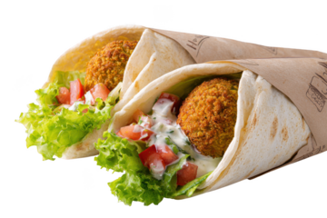 Two Delicious Falafel Wraps with Lettuce, Tomato, and Creamy Sauce on a Black Background