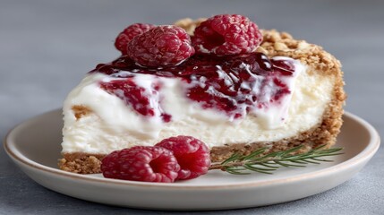 Slice of creamy cheesecake topped with raspberry sauce and fresh berries garnished with rosemary