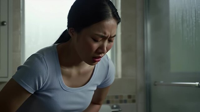 Young Woman Experiencing Severe Abdominal Pain in Brightly Lit Bathroom with Distressed Expression Wearing Light Blue Top Perfect for Health and Medical Content About Digestive Distress