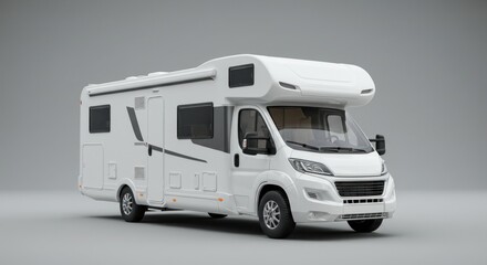 Front view of a large, white recreational vehicle (RV) on a neutral background with subtle shadowing