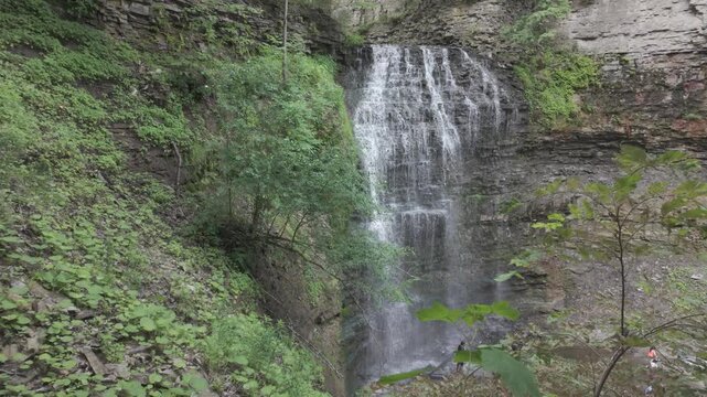 Tiffany waterfall 4K video in slow motion, in summer, Ontario, Hamilton, Canada