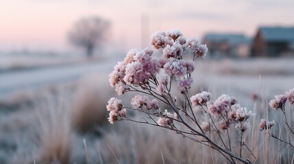 Frosty pink flowers in a winter landscape