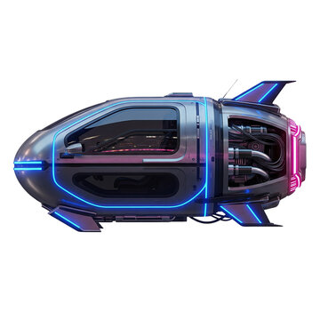 ool 3d illustration of a futuristic capsule car floating in cyber neon light theme, isolated on white-47