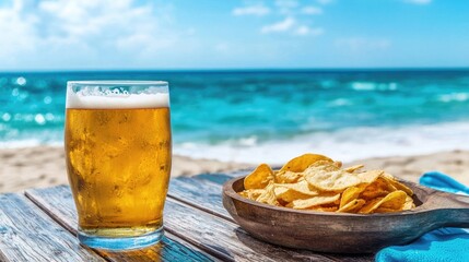 Refreshing Beer and Crispy Chips on Wooden Table by the Beach with Turquoise Ocean in Background