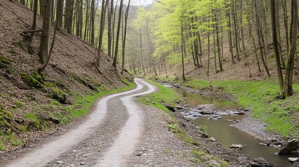 Obraz premium Winding dirt road through a springtime forest, with a stream