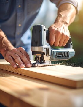 Man uses jig saw on wood