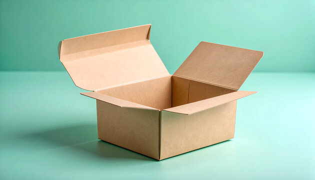 Empty cardboard box ready for shipping or storage on a mint green background - Powered by Adobe