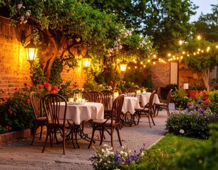 Classic outdoor café concept with vintage chairs, elegant tables, warm lanterns, brick walls, lush greenery, timeless charm, cozy ambiance, inviting atmosphere.