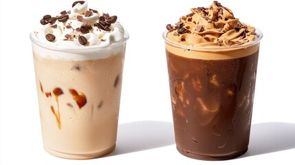 Refreshing iced coffee beverages topped with whipped cream and chocolate shavings on a white background